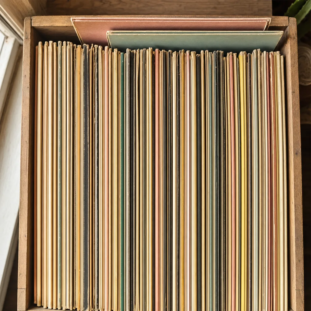 Una caja de madera con discos apretados, vista desde arriba, con los lomos de las fundas formando una fila de color