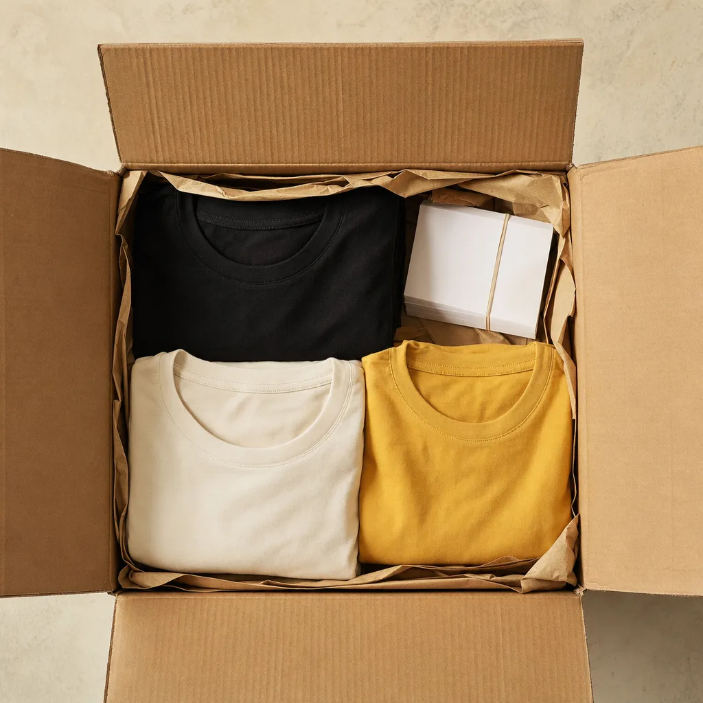 Una caja de cartón abierta en el piso con remeras dobladas en negro, crema y amarillo, y un taco de tarjetas en blanco