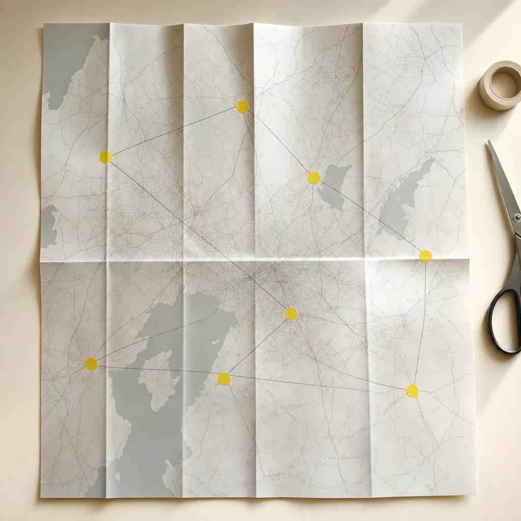 Un mapa de papel doblado extendido sobre una mesa, con calcomanías amarillas marcando puntos y una línea a lápiz uniéndolos
