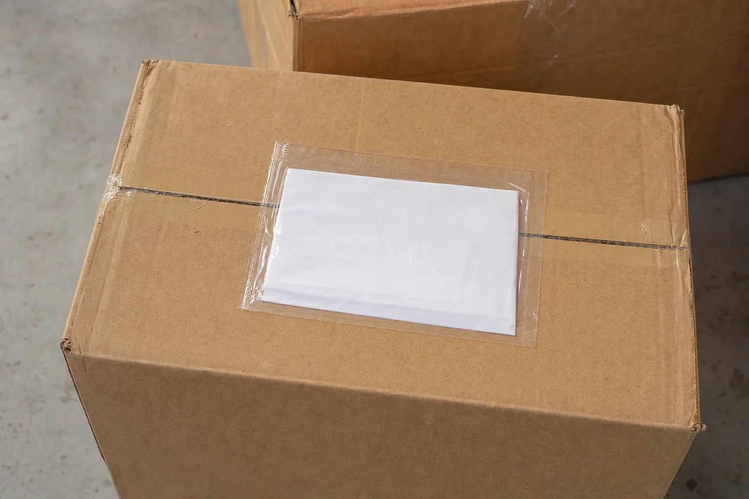 Caja de cartón con el sobre del remito pegado arriba, en el piso del depósito