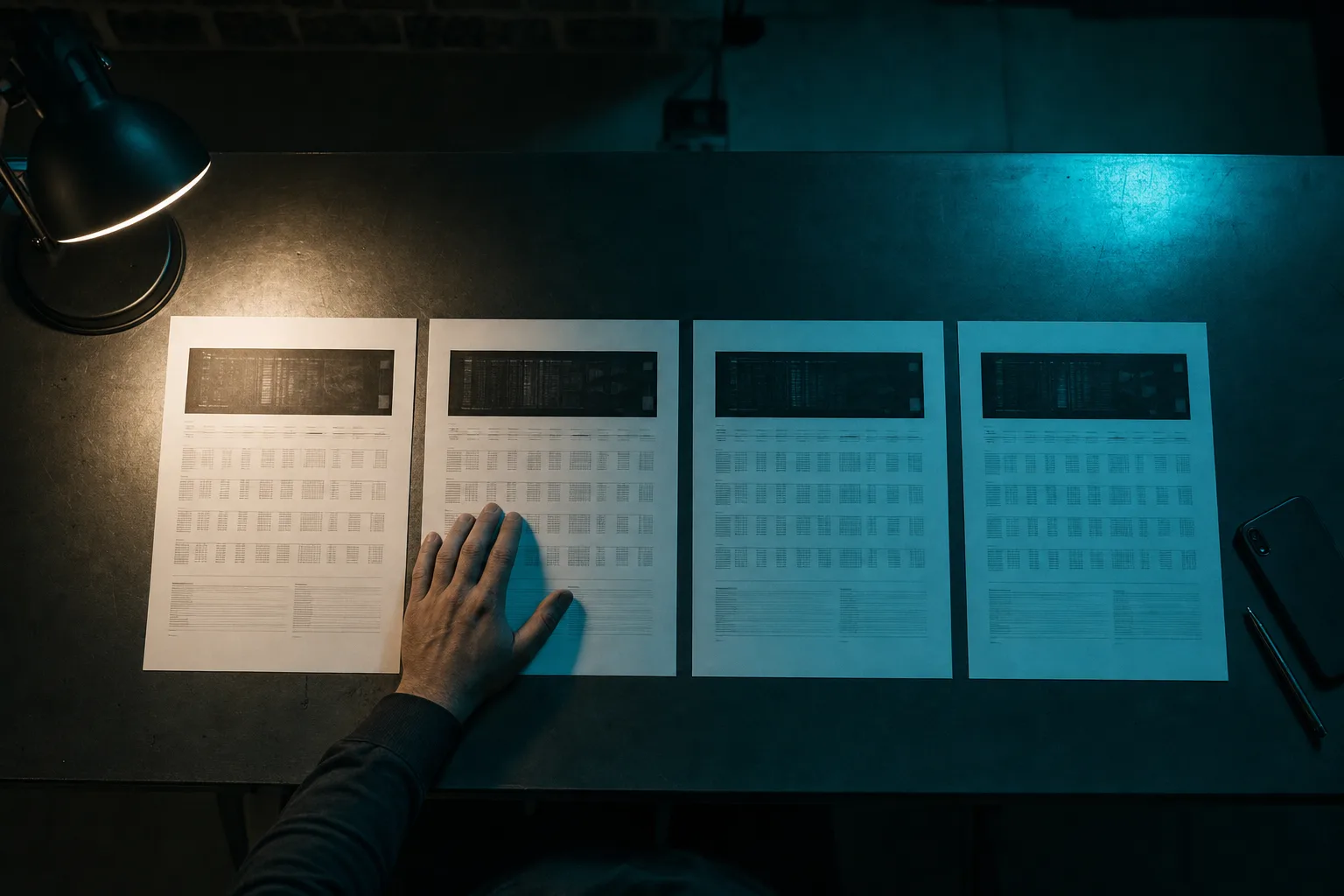 Cuatro fichas de fecha impresas, iguales entre si, alineadas una al lado de la otra sobre una mesa de produccion, con una mano apoyada en la segunda