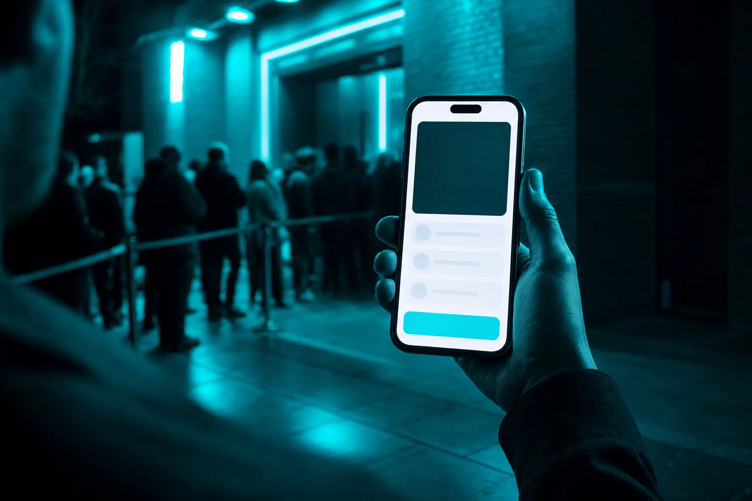 Un telefono en la mano frente a la entrada de una sala de noche, con la pantalla de compra encendida y la cola desenfocada atras