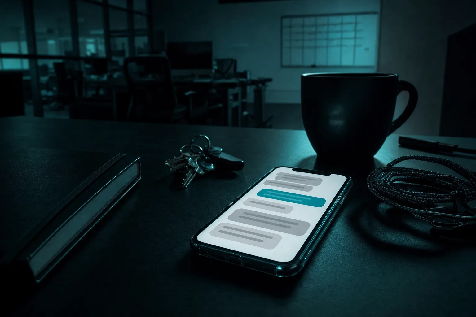 Un telefono apoyado en el escritorio de una productora de madrugada, con una conversacion abierta en pantalla y la oficina a oscuras detras