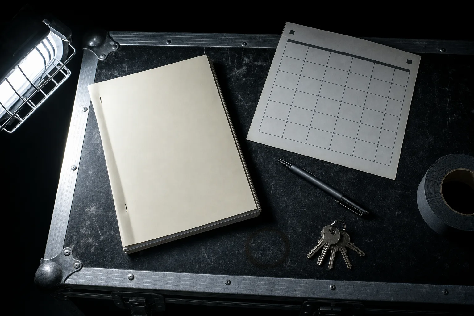 Un contrato y una hoja de calendario sobre la tapa de un case, con una lámpara de trabajo iluminándolos de costado