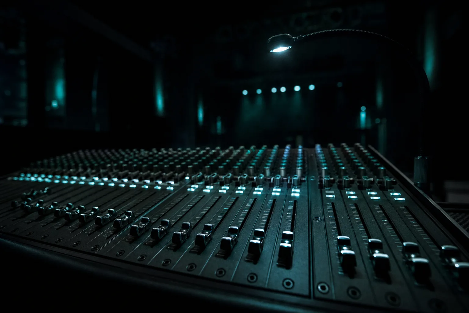 Una consola de sonido de sala en la posición de front of house, con los faders iluminados por una lámpara de cuello