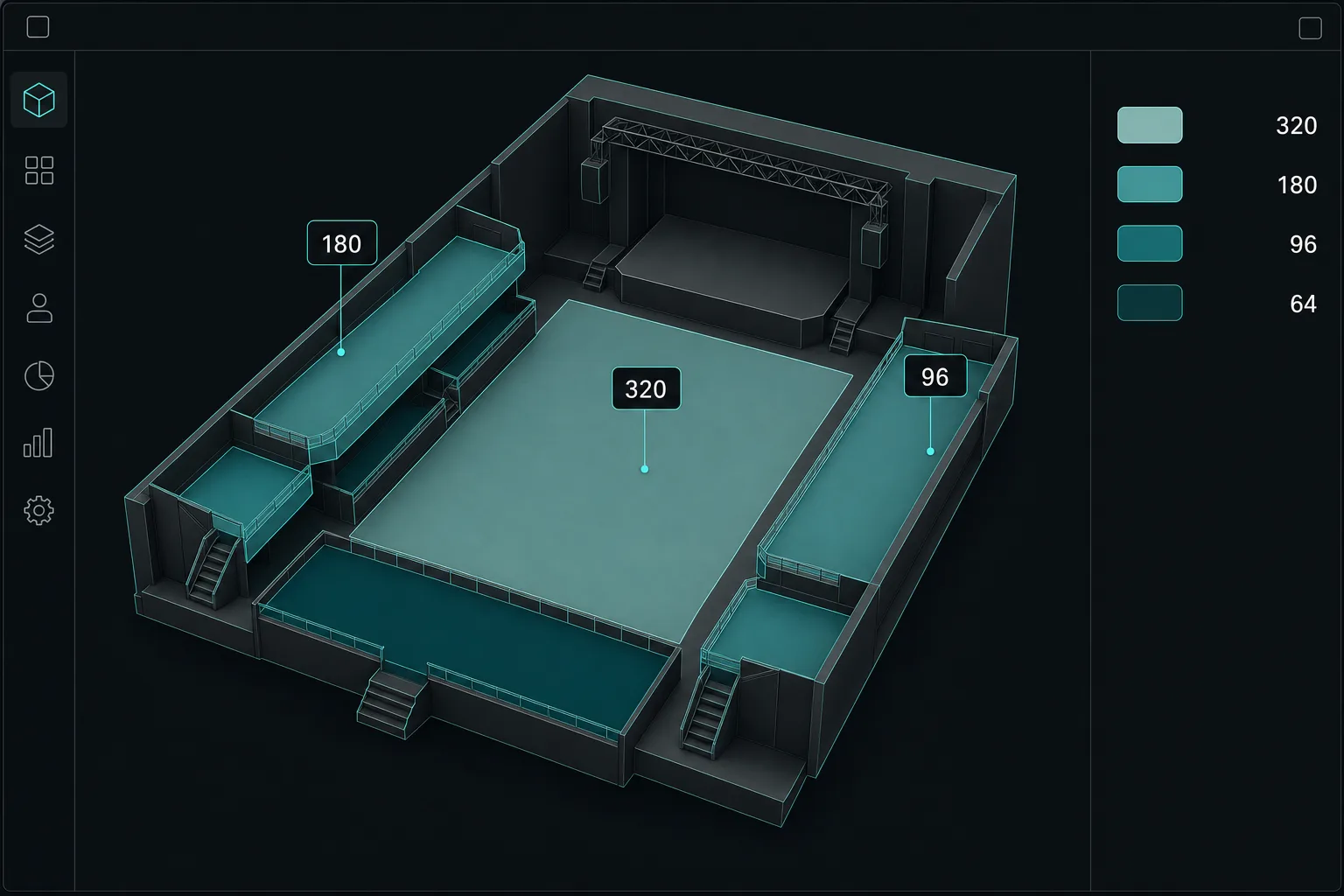 Mapa 3D de la sala en la herramienta, con el escenario, el campo y los laterales, y la capacidad de cada sector marcada encima