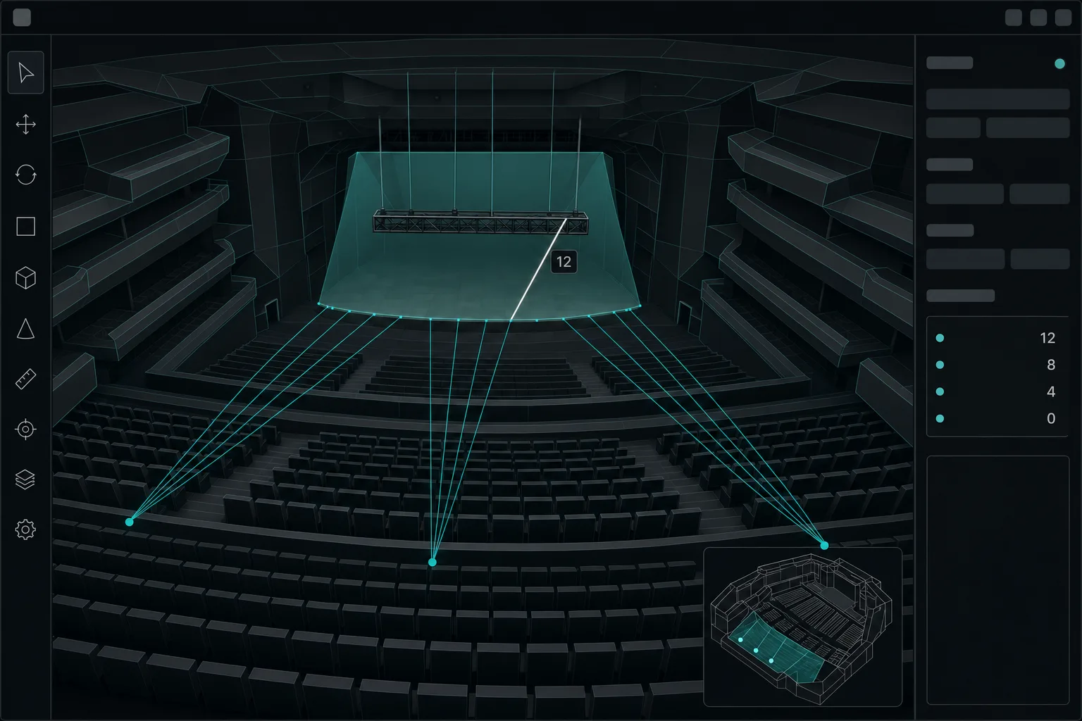 Estudio de líneas de visión en 3D desde una grada hacia el escenario, con una línea marcada donde el truss tapa la vista