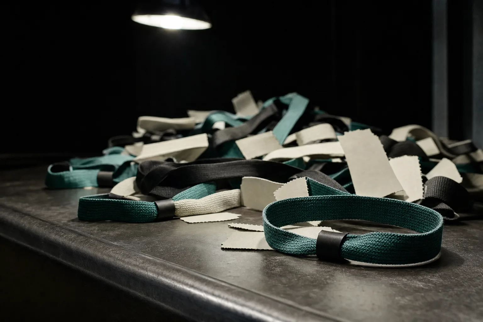 Una pila de pulseras de tela y talones de entrada sobre una mesa metálica oscura en la entrada de una sala