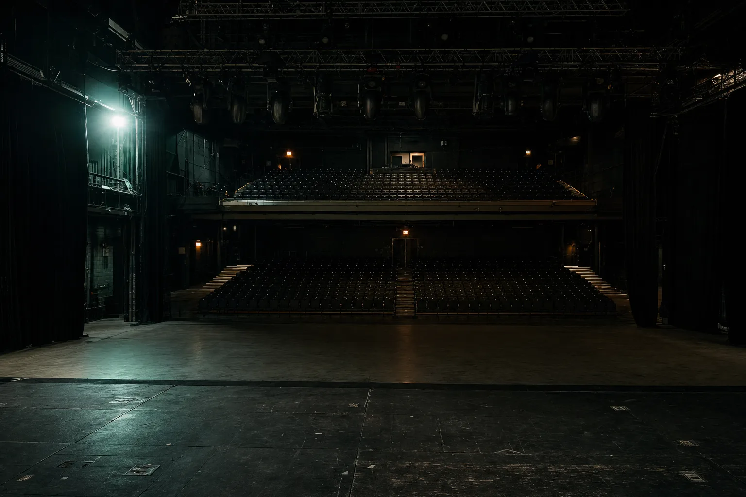 Una sala de conciertos vacía vista desde el escenario, iluminada solo con luces de trabajo