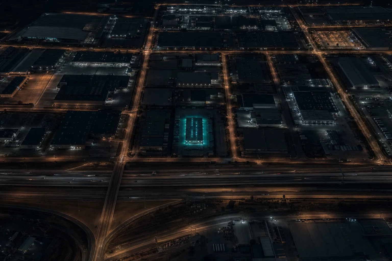 El distrito industrial de noche desde el aire, con el techo iluminado del galpón en el centro
