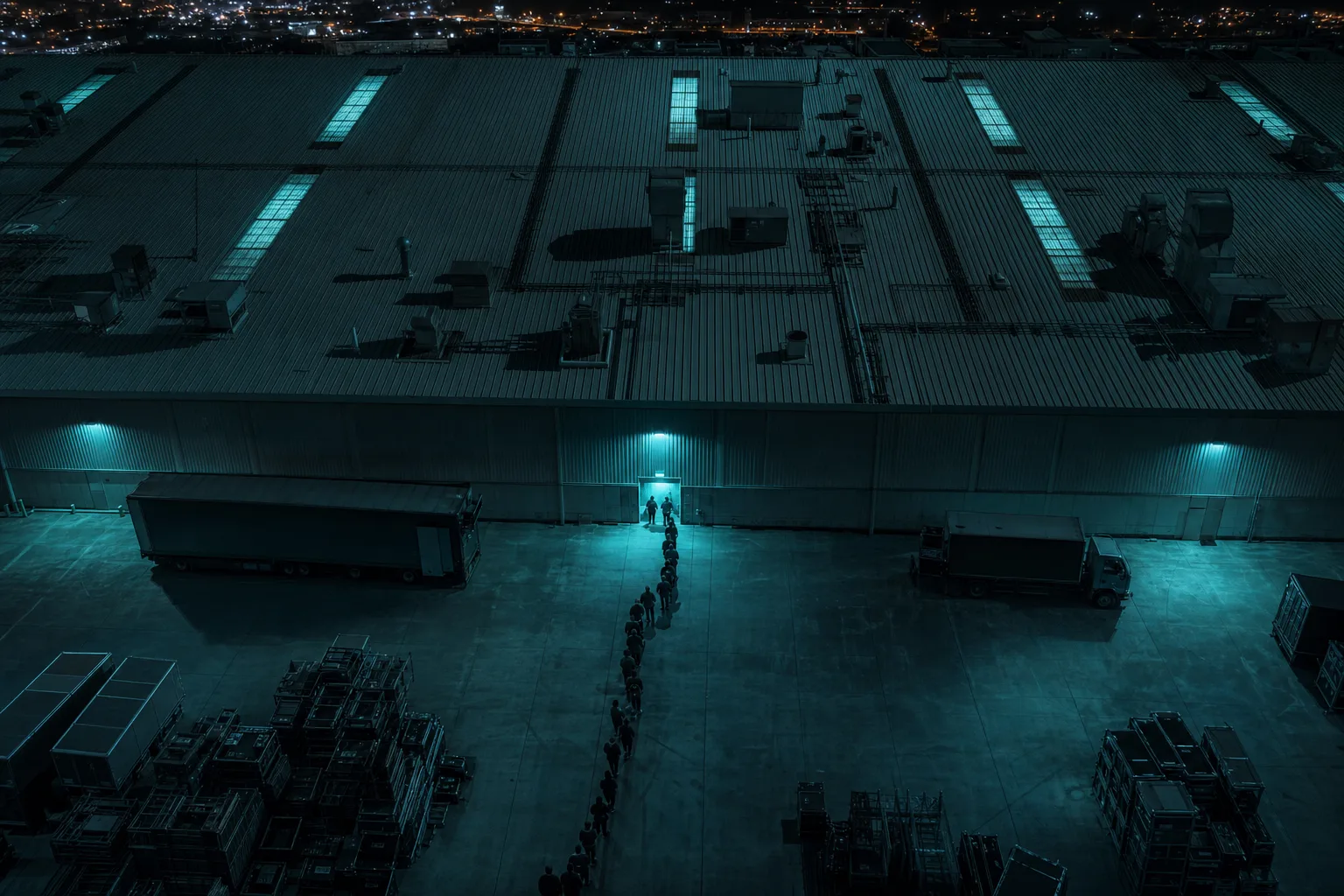 El techo del galpón desde más abajo, con el patio de carga y la puerta iluminada al fondo