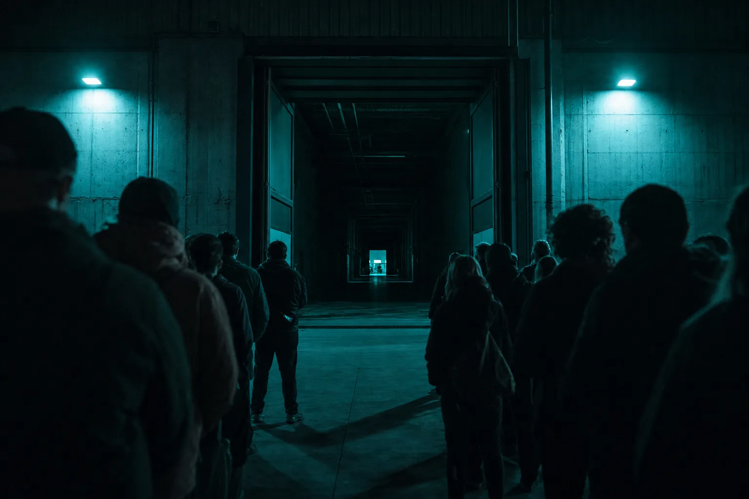 La puerta del galpón a nivel de piso, con la cola entrando y la sala iluminada al final del pasillo