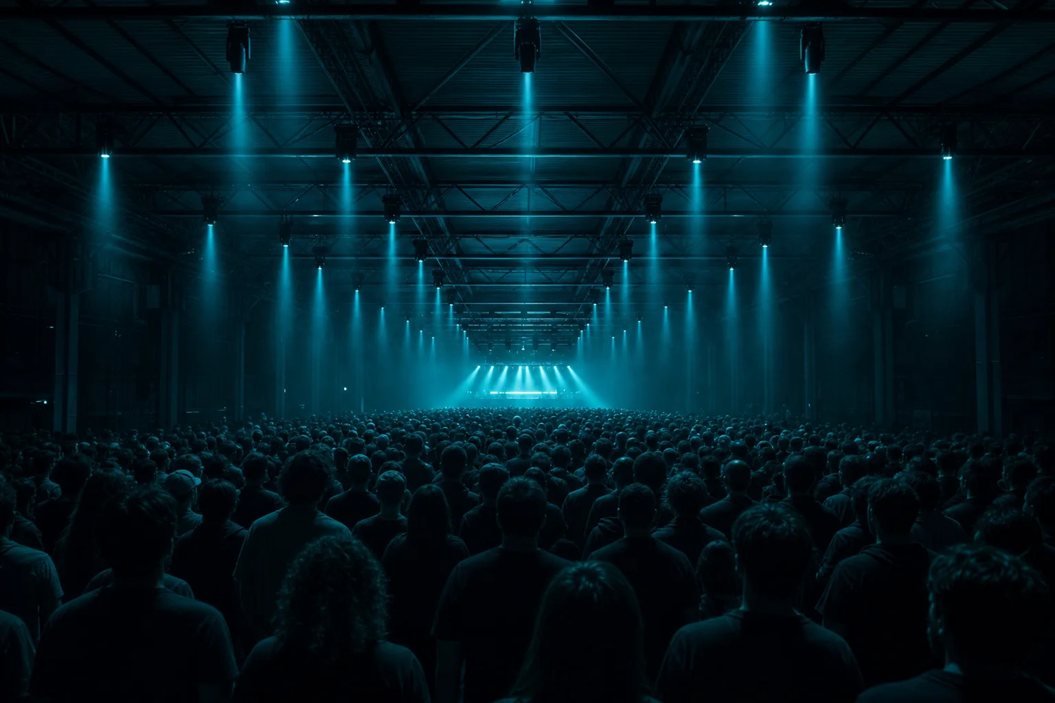 La sala desde el fondo, por encima de las cabezas, con el escenario iluminado a lo lejos
