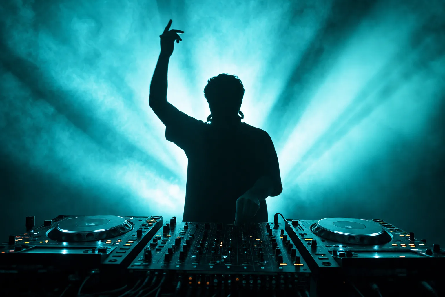 La cabina de cerca, con la silueta a contraluz del disc jockey sobre el equipo