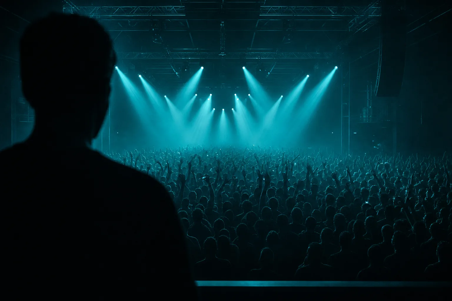 La sala entera vista desde detrás del hombro del disc jockey, con el público como un campo de luces