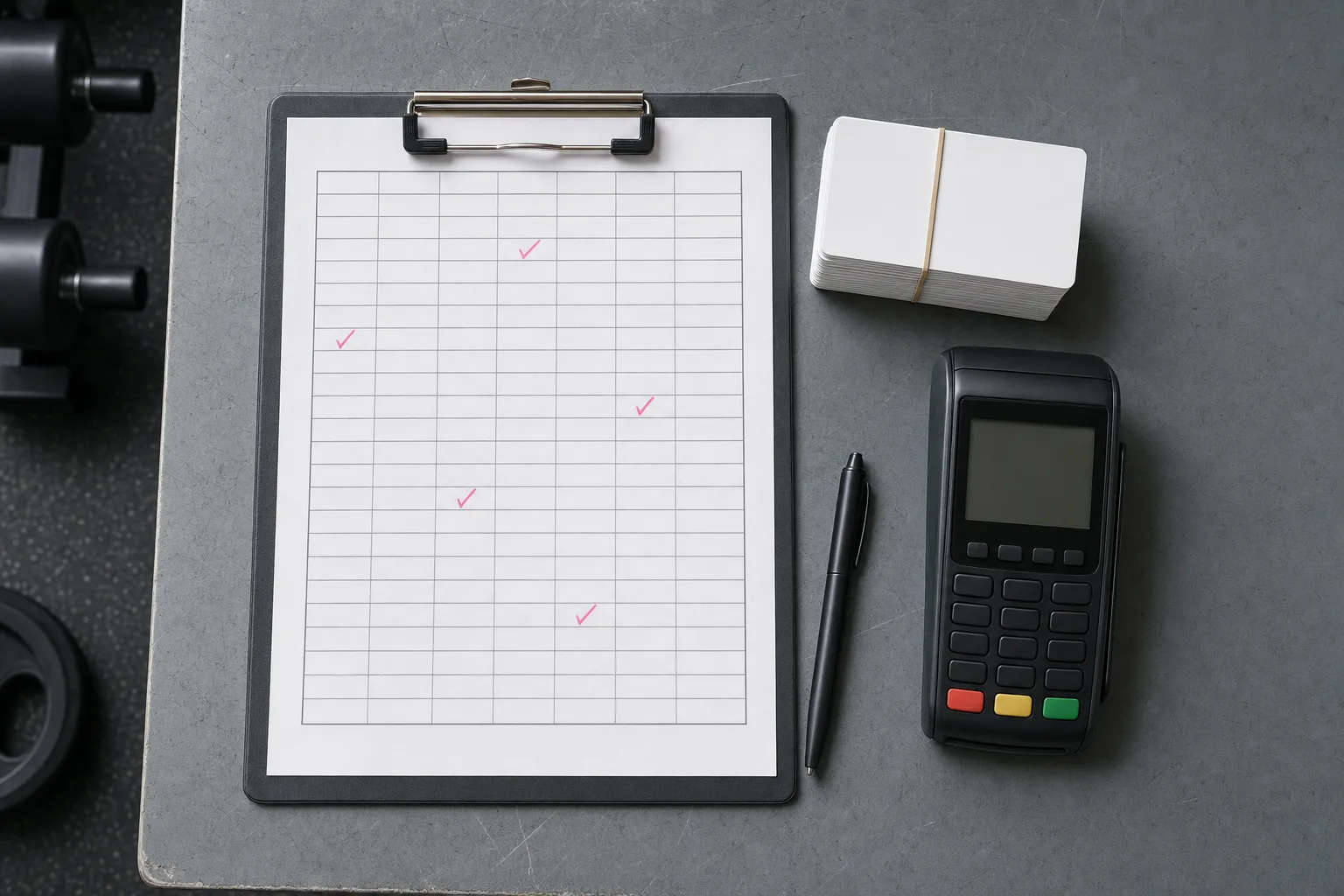 Planilla de débitos sobre un escritorio, con algunas celdas marcadas en resaltador y un lector de tarjetas al lado