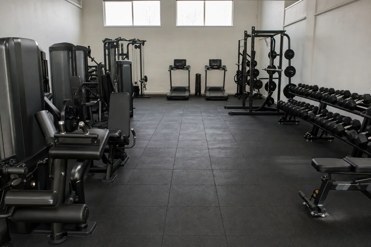 Sala de musculación a media tarde, con las máquinas vacías y dos cintas andando solas