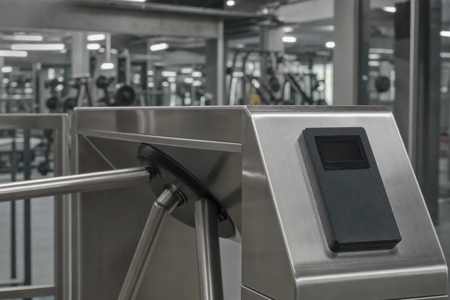 Molinete de control de acceso visto desde el lado del mostrador, en un gimnasio vacío