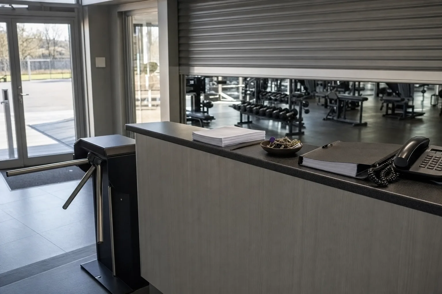 Mostrador de recepción de un gimnasio antes de abrir, con el molinete al lado y formularios en blanco