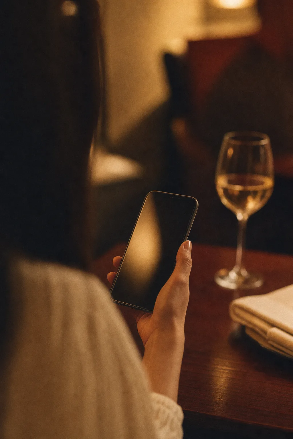 Alguien mirando el teléfono en la mesa de un restaurante