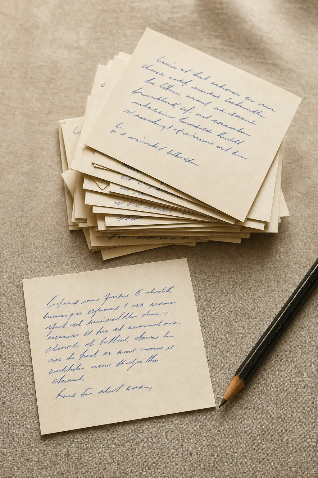 Fichas de comentario escritas a mano, apiladas sobre un mantel