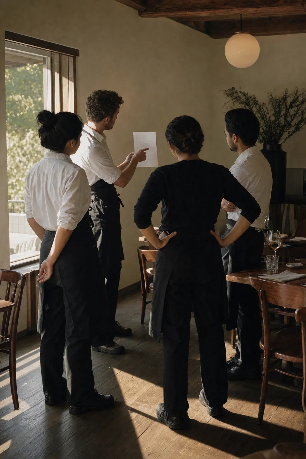Reunión de equipo antes del servicio en el salón vacío