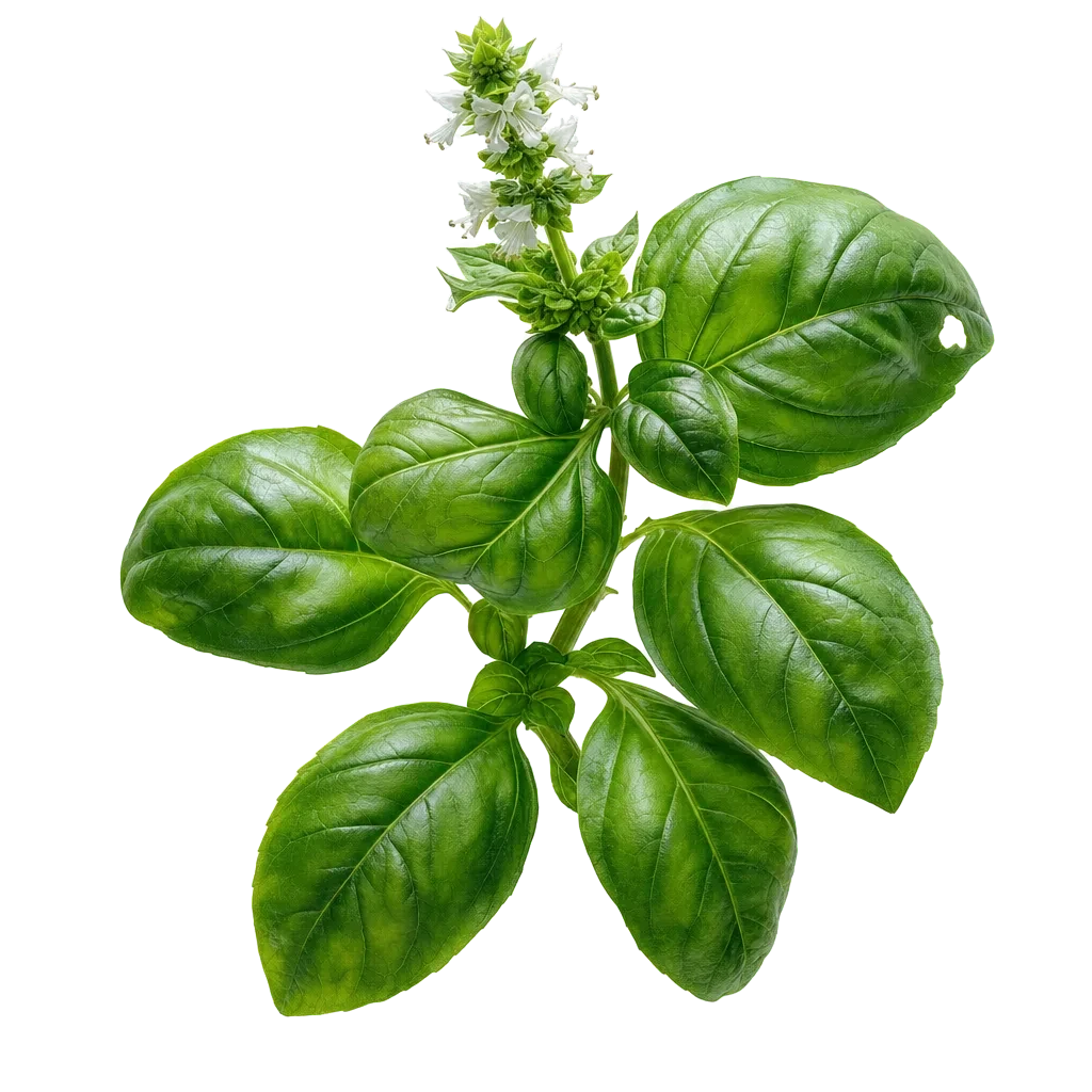 Rama de albahaca con espiga de flores blancas