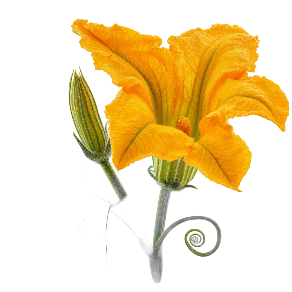 Flor de calabaza abierta con su zarcillo
