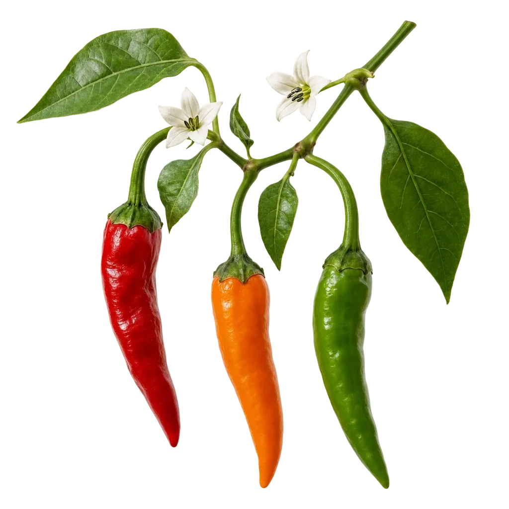 Rama de chiles en tres estados de maduracion