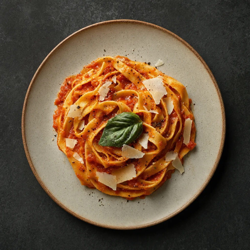 Pasta fresca con tomate y chile, queso curado en lascas