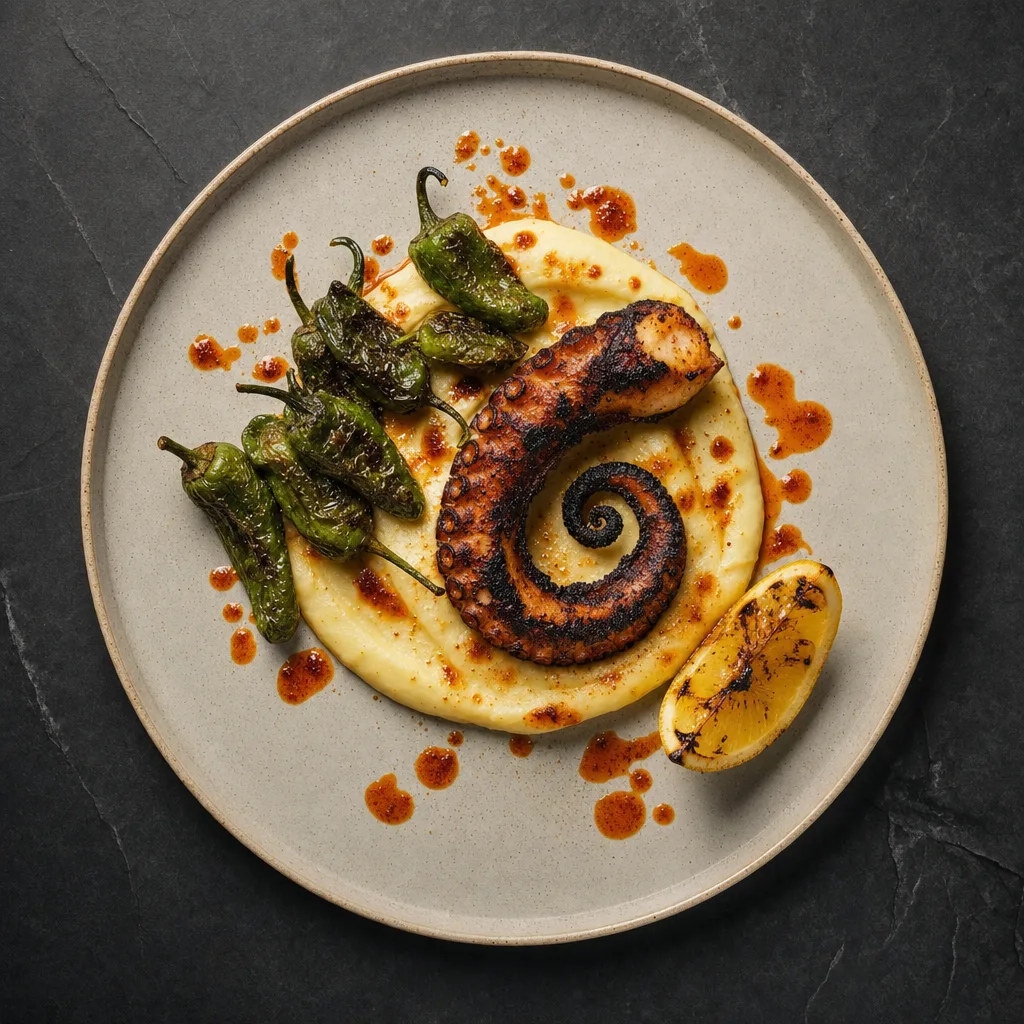 Pulpo a la brasa sobre puré ahumado, pimientos y pimentón