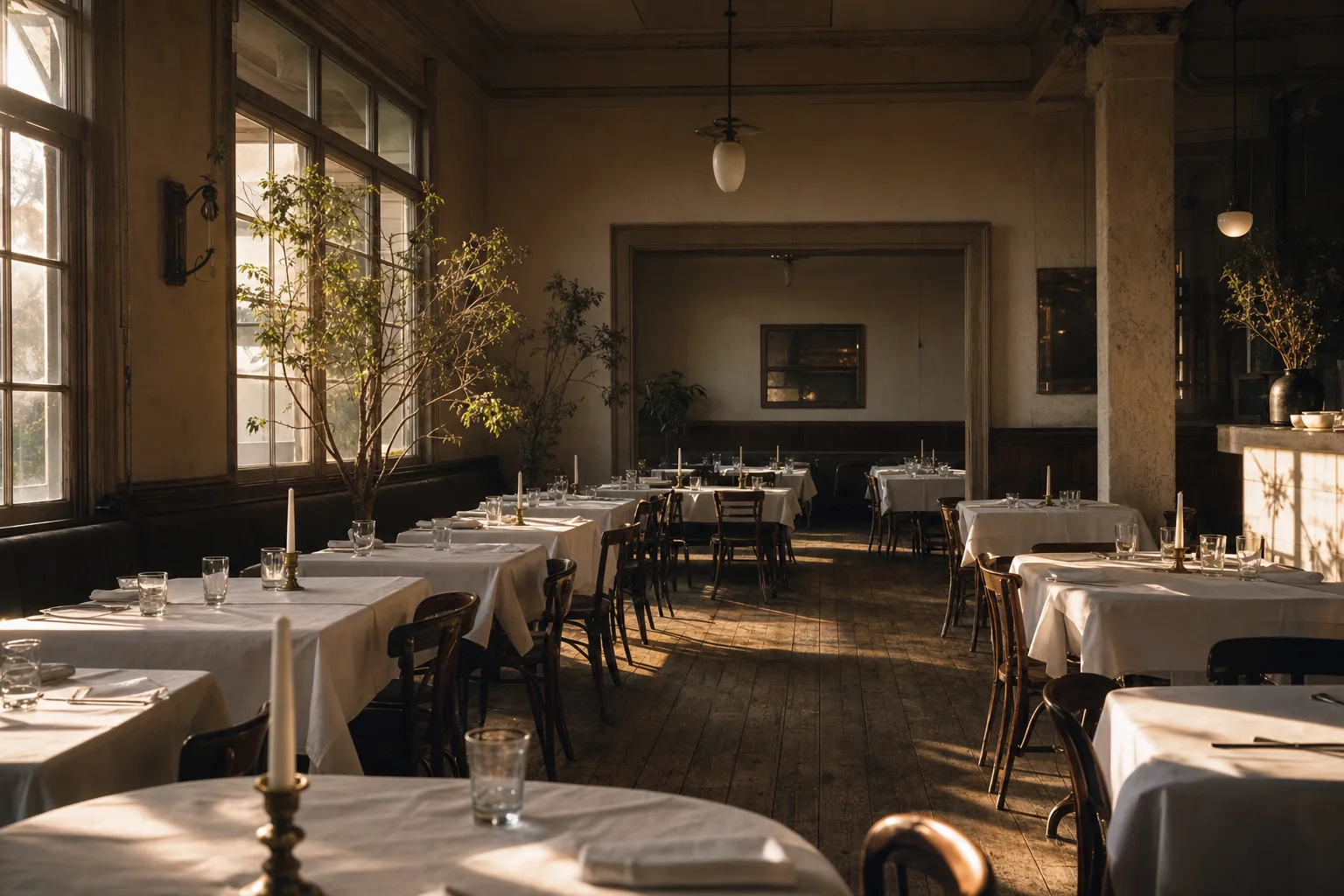 Salón de restaurante puesto y vacío, con luz baja de tarde entrando por los ventanales