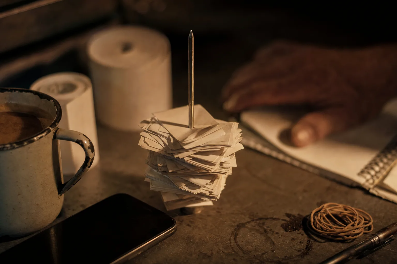 Pincho de comandas de papel, taza de café, cuaderno y teléfono sobre la mesa de trastienda