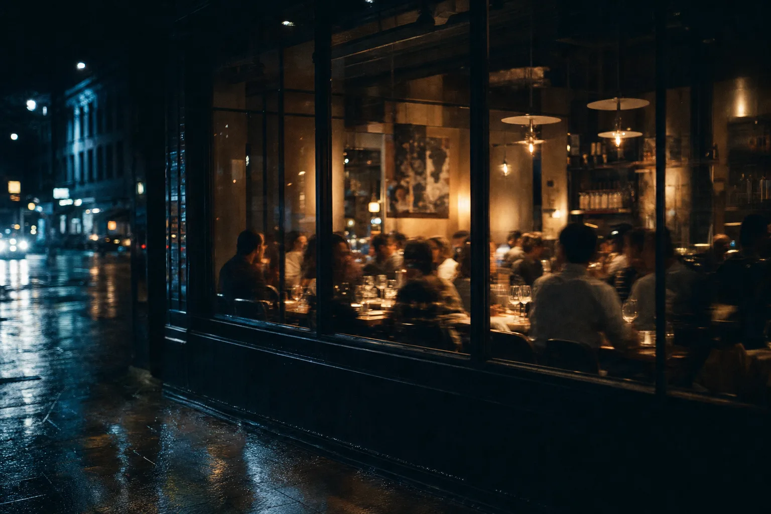 La vidriera de un restaurante lleno vista desde la calle de noche, con las siluetas de los comensales difusas tras el vidrio