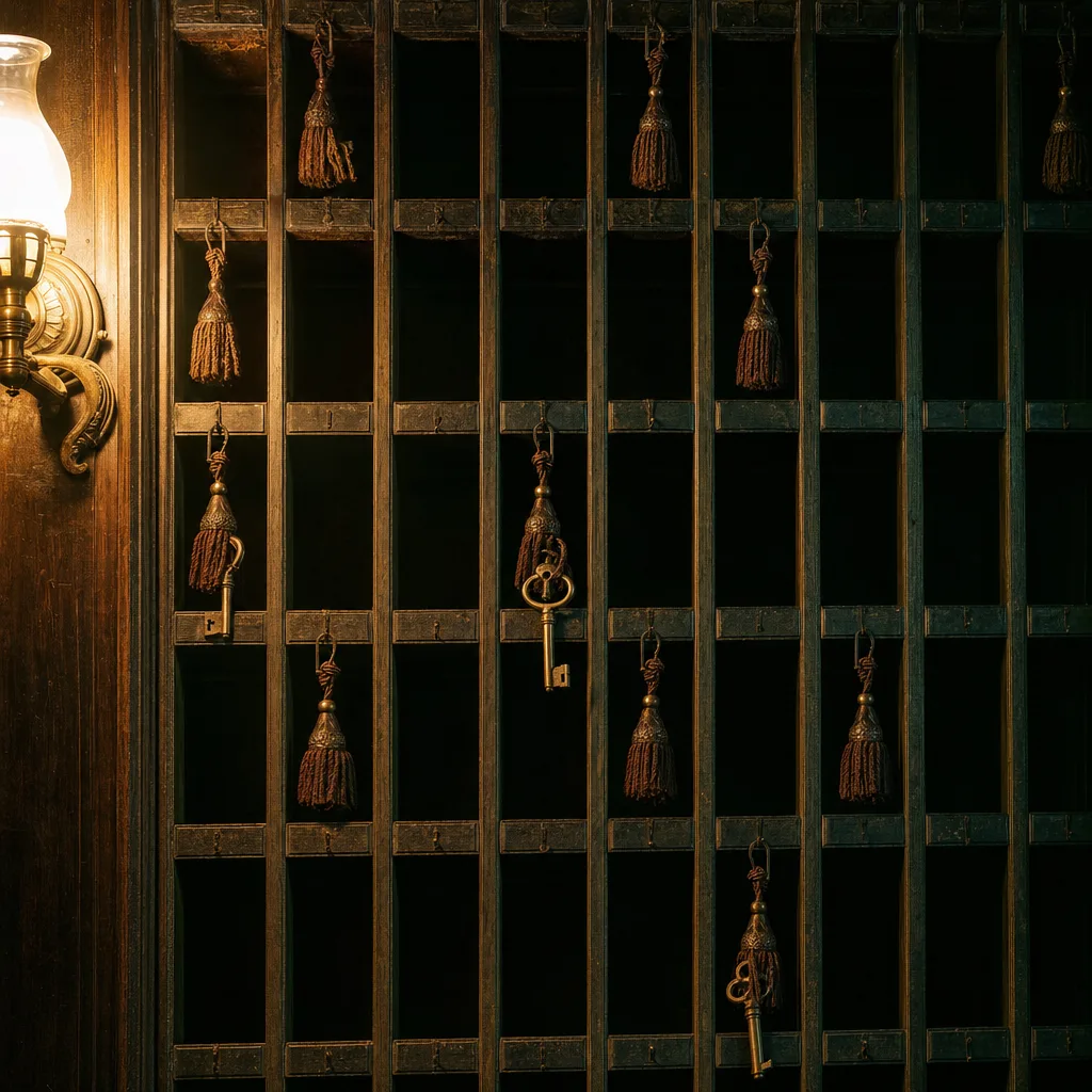 Pared de casilleros de madera detrás de la recepción, con algunas llaves de bronce colgadas y la mayoría vacíos
