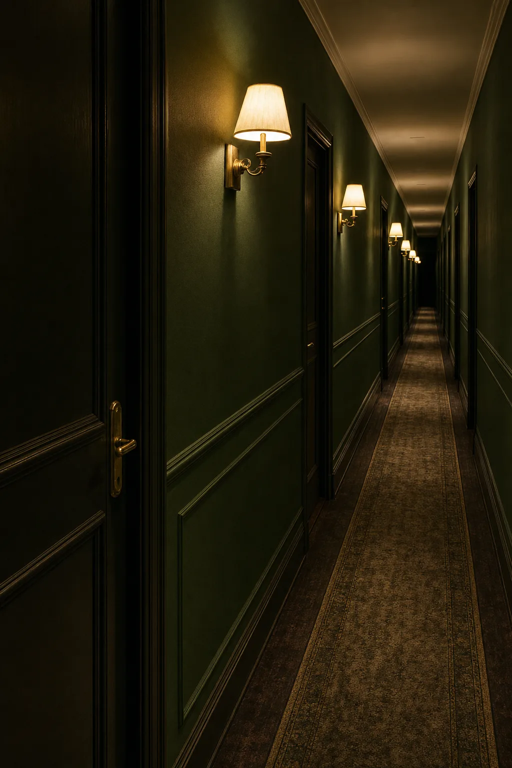 Pasillo de servicio de un hotel de noche, con los apliques encendidos y las puertas cerradas