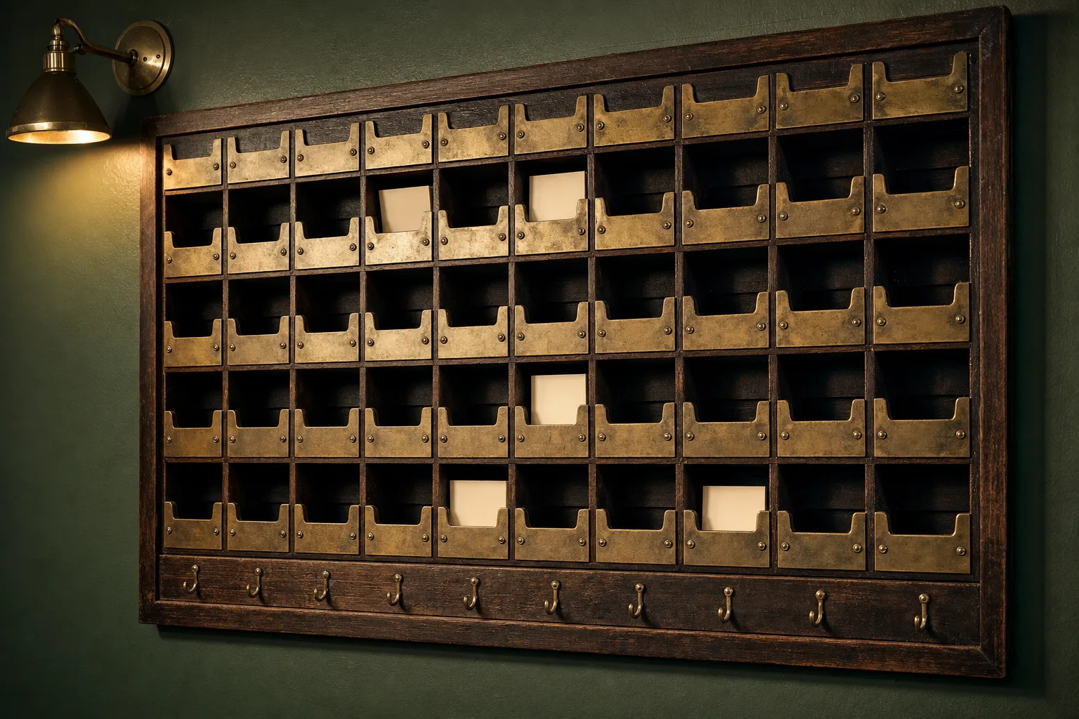 Tablero de estado de habitaciones en el office, con casilleros de bronce numerados y algunas fichas puestas