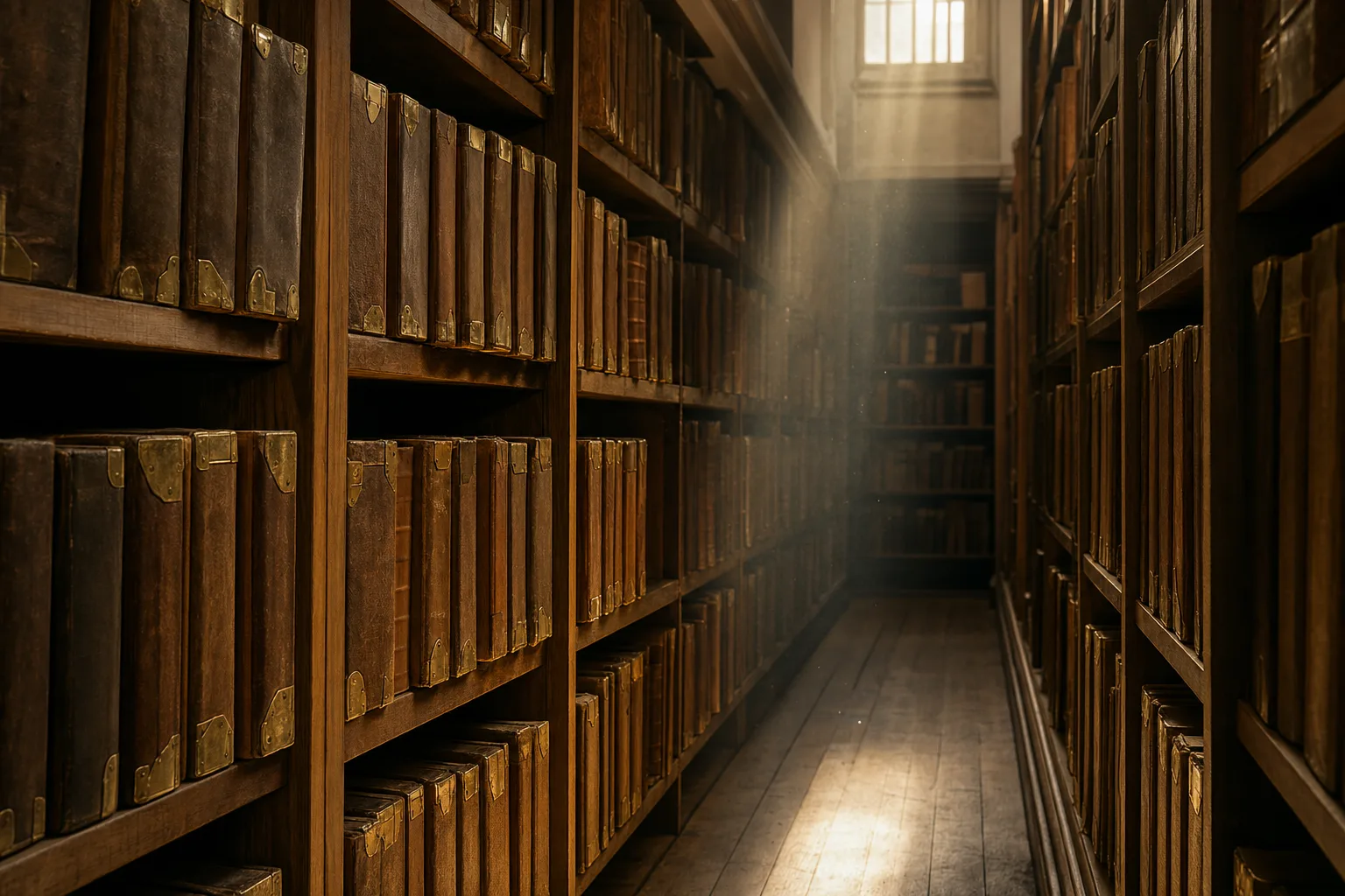 Pasillo de un archivo de registro de la propiedad, con estanterías de tomos encuadernados y un haz de luz cruzando el aire con polvo