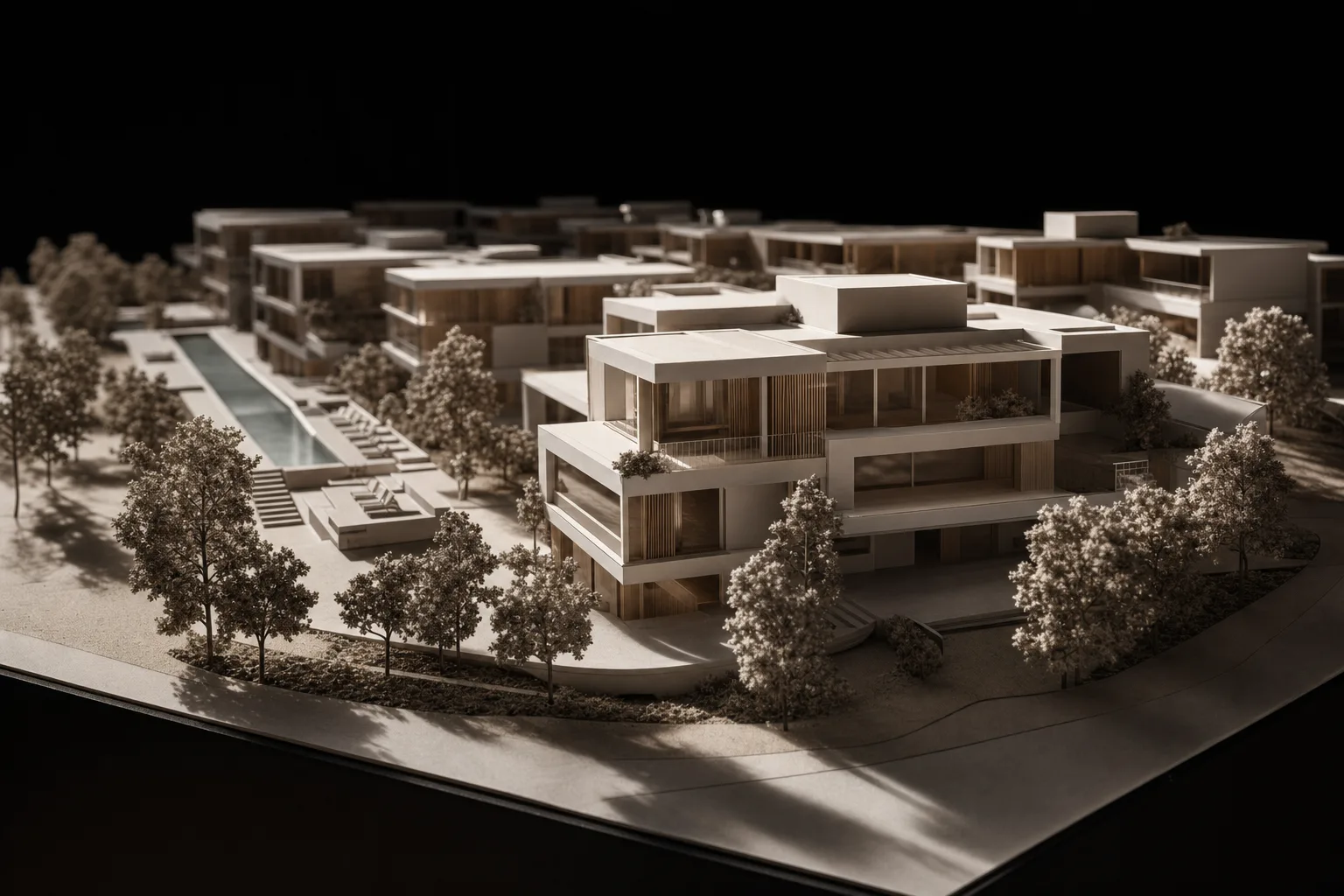 Maqueta blanca de un desarrollo residencial en una sala oscura, iluminada por un foco cálido que alarga las sombras de los edificios
