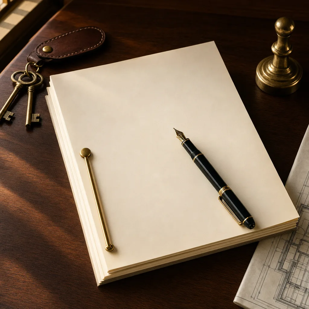 Carpeta de documentos legales sobre una mesa de nogal, con una pluma encima, llaves de bronce y un plano doblado