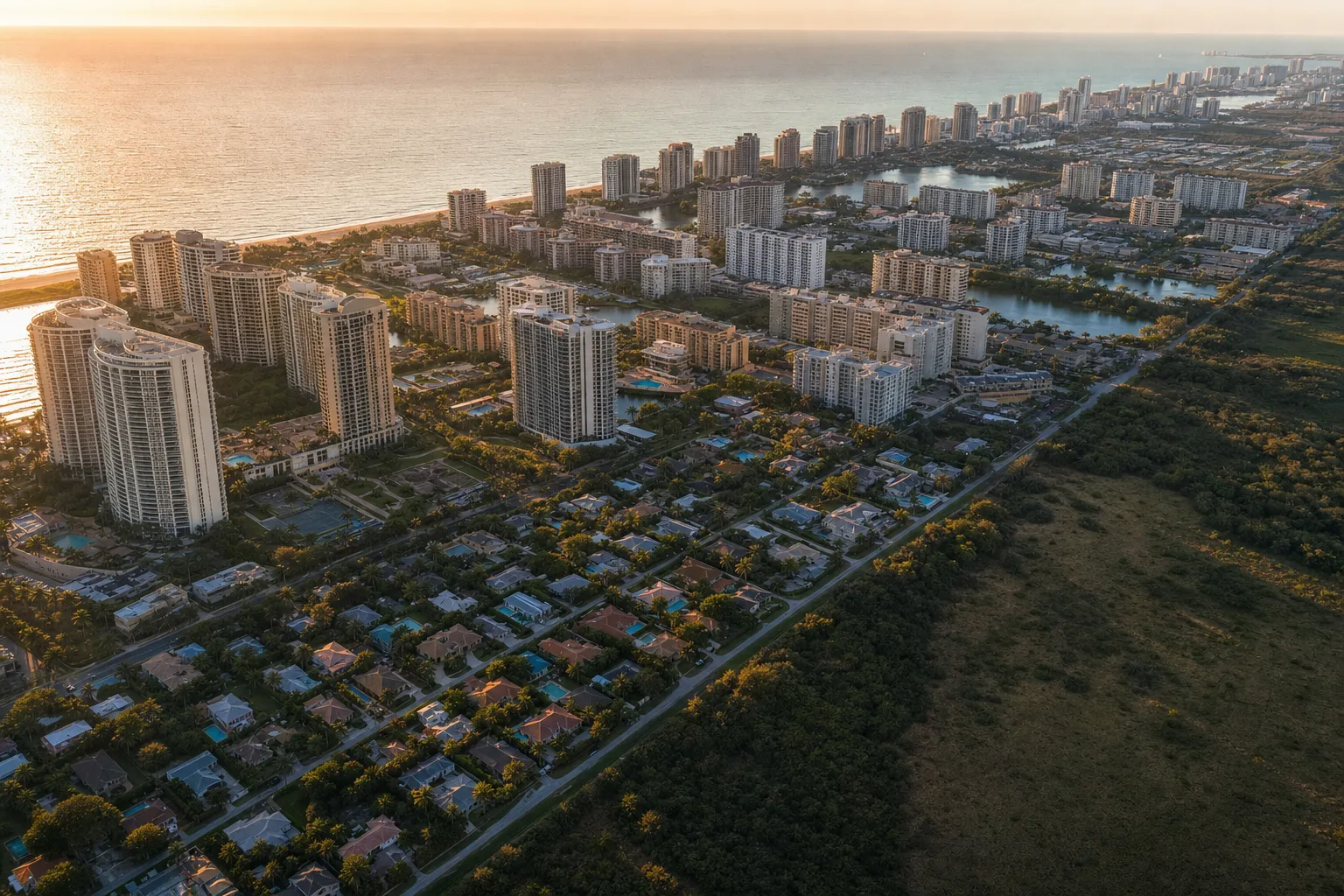 Vista aérea de una ciudad costera con torres frente al agua, bloques de departamentos detrás y casas con pileta tierra adentro