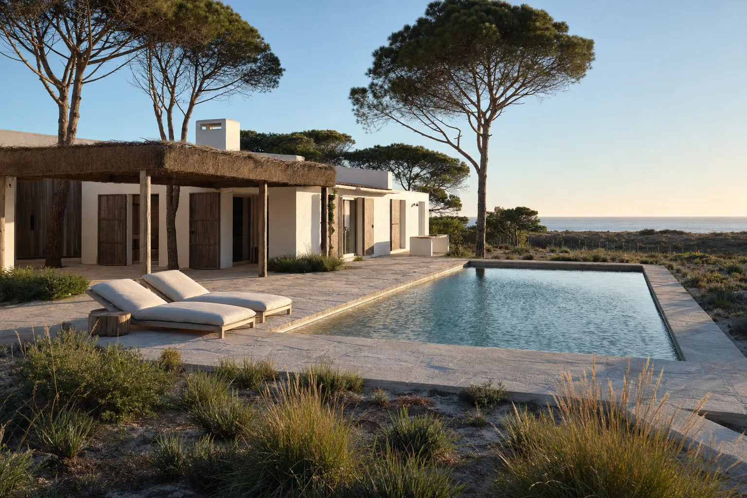 Villa de la costa portuguesa, con volúmenes blancos, cubierta de junco y pileta larga entre los pinos