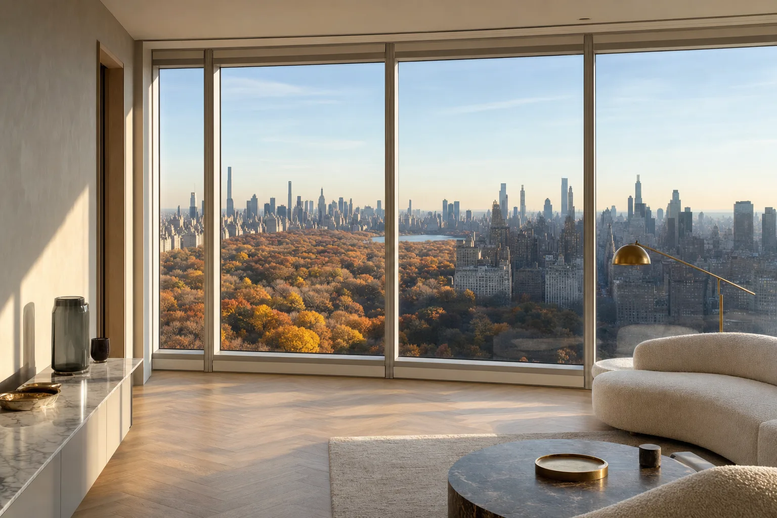 Departamento en un piso alto de Manhattan, con el ventanal sobre el parque en otoño