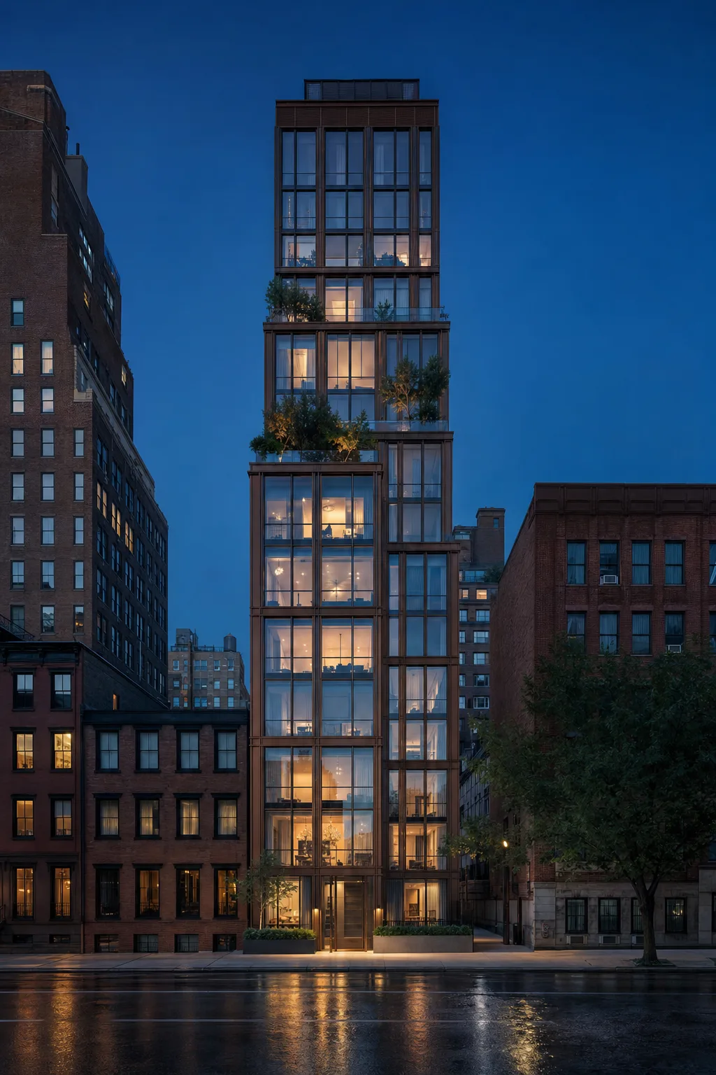 Torre residencial en Manhattan al anochecer, con las terrazas plantadas y algunos departamentos encendidos