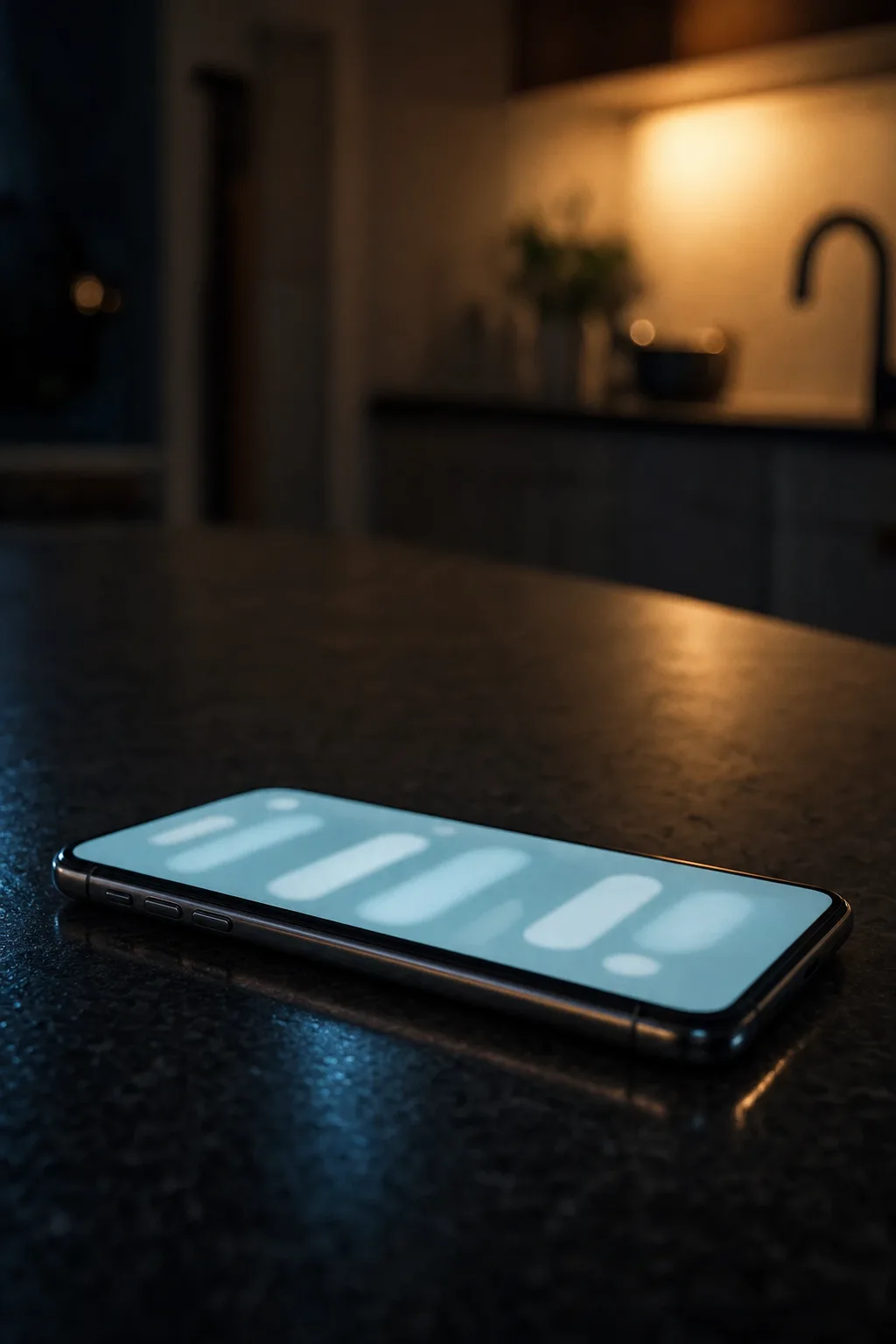 Teléfono apoyado en una mesada de piedra oscura de noche, con la pantalla encendida iluminando la superficie