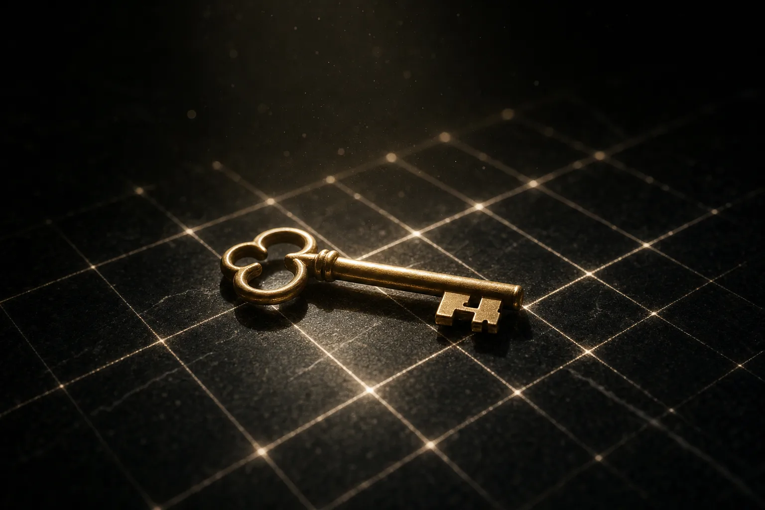 Una llave de bronce sobre piedra oscura, cruzada por una retícula de líneas de luz que se enciende donde toca el metal