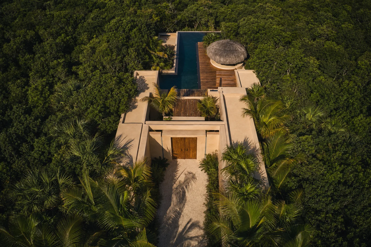 La villa desde arriba: techo de chukum, pileta larga, deck de madera y palapa entre las palmeras
