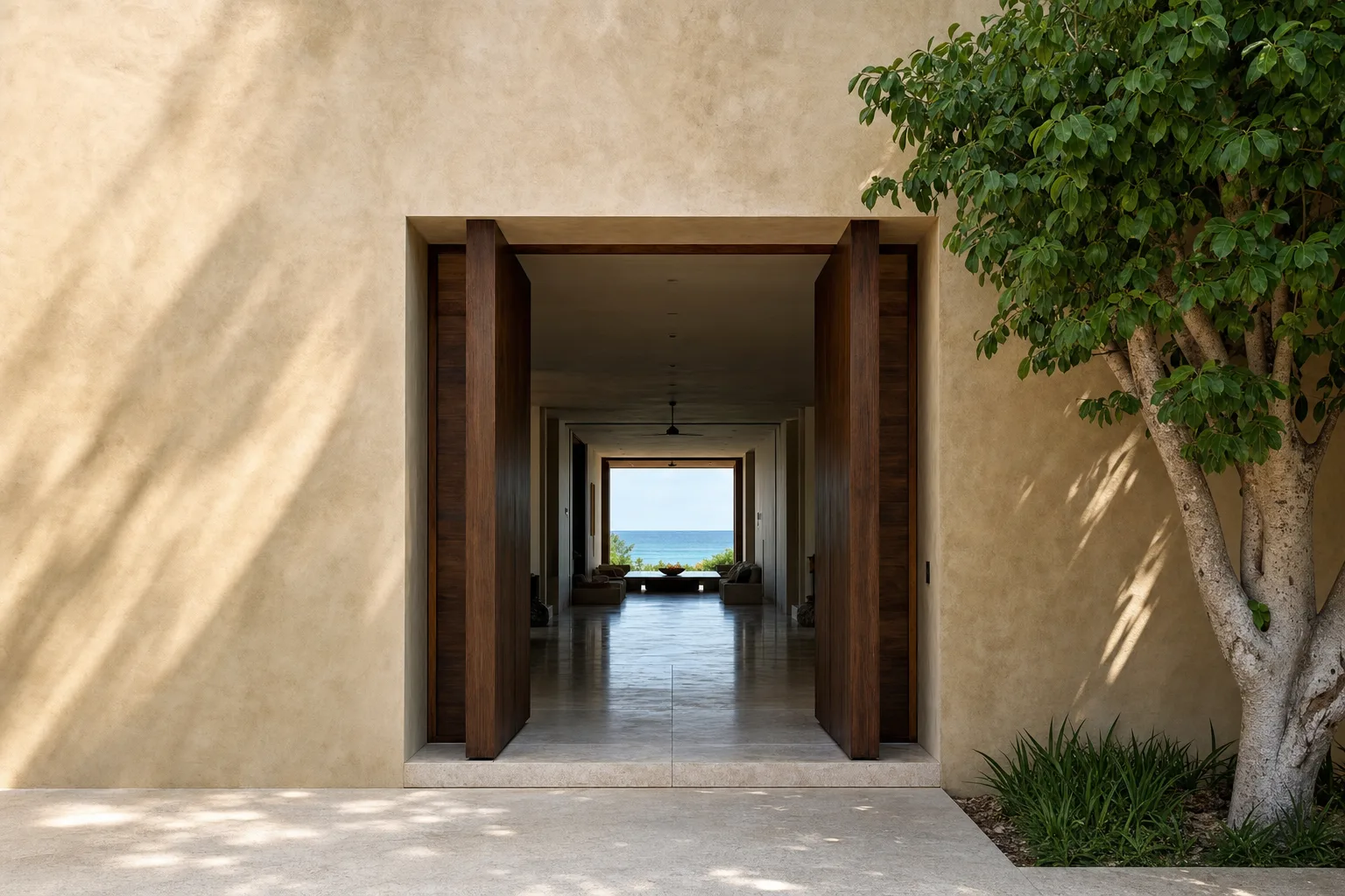 El acceso de la villa, con portones altos de madera tropical sobre un muro de chukum