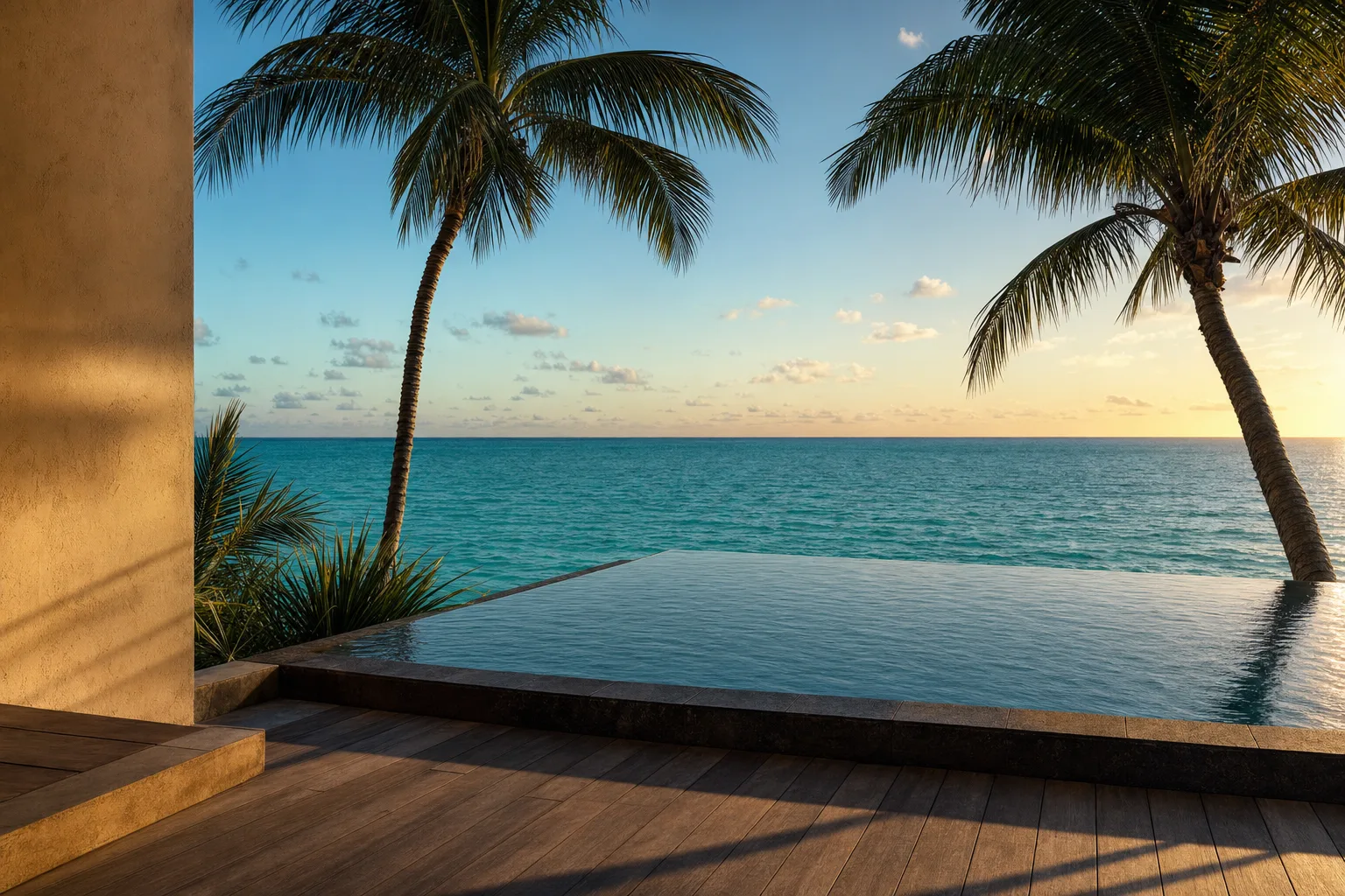 La terraza al atardecer, con el borde de la pileta desbordante confundido con el Caribe