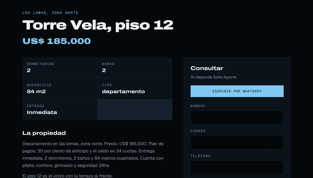 Pantalla del producto con la ficha pública de una propiedad